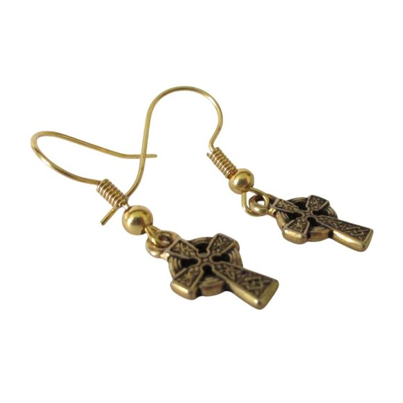 New Gold Celtic Cross Dangle Earrings on Goldtone Ear Wires - Picture 4 of 6
